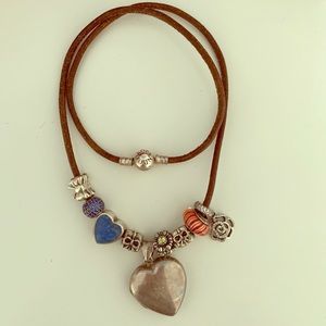 Brown leather Pandora necklace with 9 charms